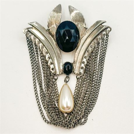 Vintage Silver Tone & Black Onyx 10 Chain Brooch