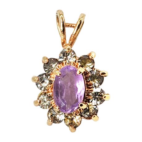 Vintage Gold Tone Genuine Amethyst & Clear Rhinestone Oval Pendant