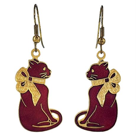 Vintage Red Enamel & Gold Tone Cat w/ Bow Earrings