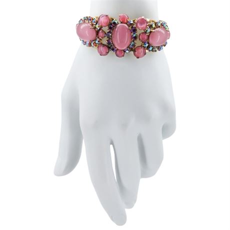 Vtg JULIANA D&E Pink Moonglow & AB Rhinestone Clamper Bracelet