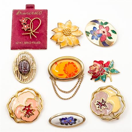 Lot of 9 Vintage Gold-Tone Floral Brooches