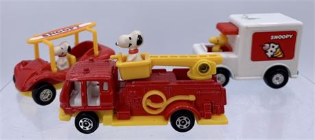 Three AVIVA Snoopy Comic Character Die Cast Toy Vehicles
