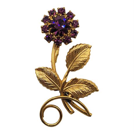 Vintage Purple Rhinestone Flower Brooch