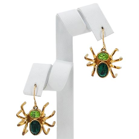 Vtg Gold Tone Green Rhinestone Spider Earrings