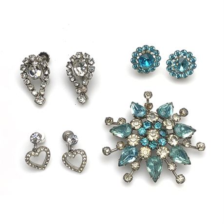 Vintage Aqua Blue Sunburst Rhinestone Brooch & Complimenting Earrings