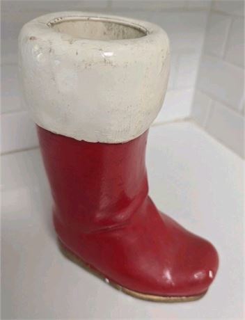 Heavy Vintage Ceramic Plaster Santa Boot Planter Vase 6.75"TX5" L Red White Gold