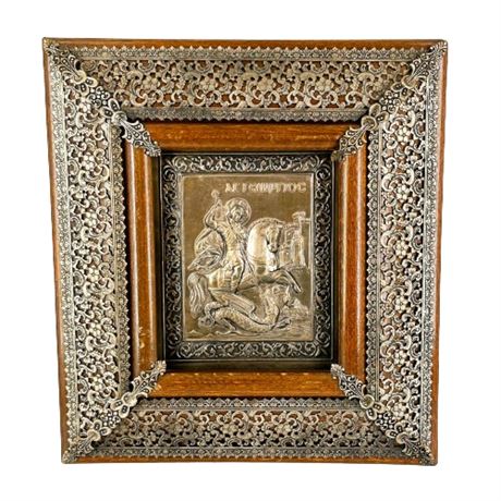 Greek Silver Embellished Religious Icon "St George Slaying the Dragon"