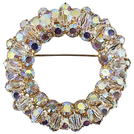 Vintage Aurora Borealis Rhinestone & Crystal Bead Circle Brooch