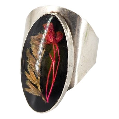 Vintage Mexico Sterling Silver Dried Flowers Adjustable Ring