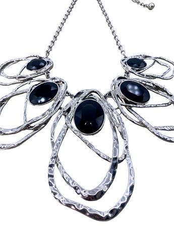 Superb Hammered Silver Metal & Created Onyx Bib Necklace