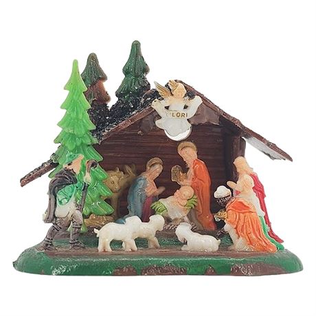 Vintage Miniature Hard Plastic Creche w/ Mica Glitter