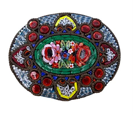 Vintage Italian Millefiori Glass Micro Mosaic Rose Brooch