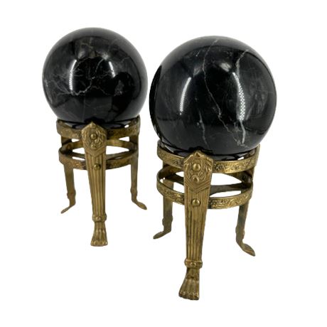 Black Marble Decorative Orbs on Brass Stands