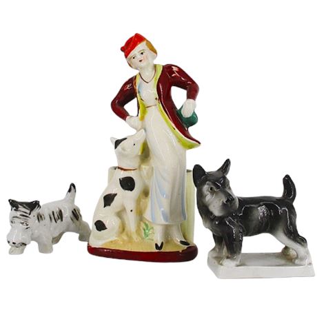 3 VTG Porcelain Figurines ~Fashionable Woman w/ Dog & Terriers ~ Japan & Germany