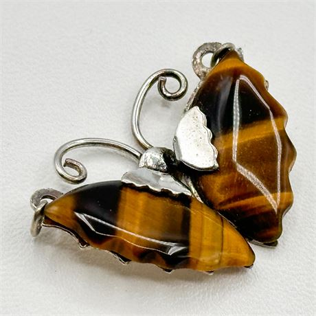 Vintage Sterling Silver & Tiger Eye Butterfly Pendant