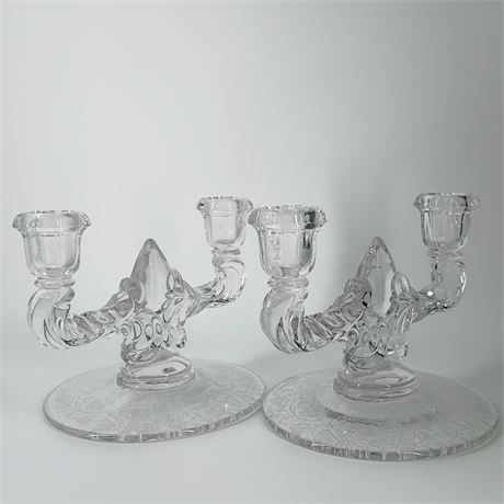 Pair of Elegant Etched Glass Double Candleholders – Scroll Arm Design