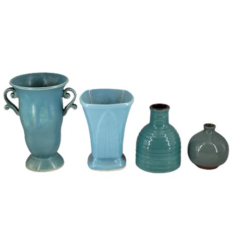 Lot of 4 Blue & Green Pottery Vases