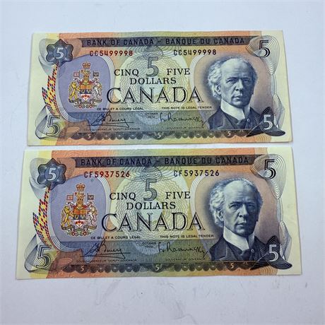 2 UNC 1972 Canadian $5 Notes