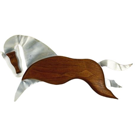 Vintage MCM Danish Modern Wood & Metal Horse Plaque