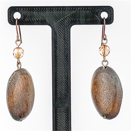 Wooden Bead & Faceted Amber Crystal Earrings