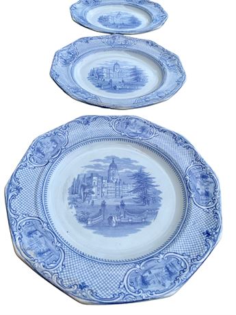 Trio 1840s John Ridgeway University 9 1/2” Blue & White Ironstone Plates
