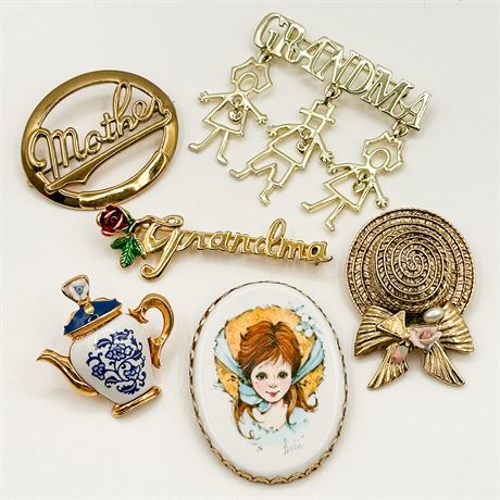 Lot of 9 Vintage Gold & Silver Tone Matriarchal Brooches
