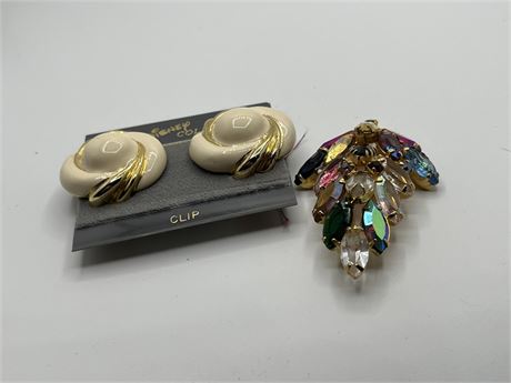 MCM rhinestone leaf brooch, and Disney collection clip earrings lot