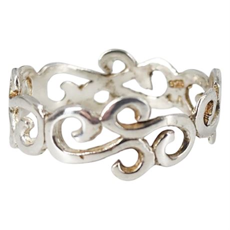 Signed Vintage LA Sterling Silver Openwork Swirls Band Ring, Sz 8