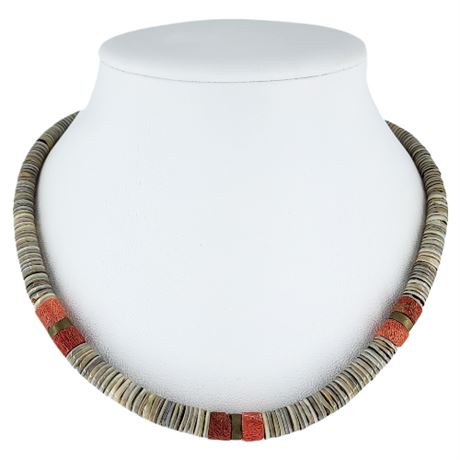 Vintage Heishi Shell & Coral Rondell Beaded Necklace