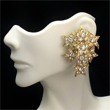 Vintage Gold Tone Rhinestone Dimensional Layered Dangle Star Earrings