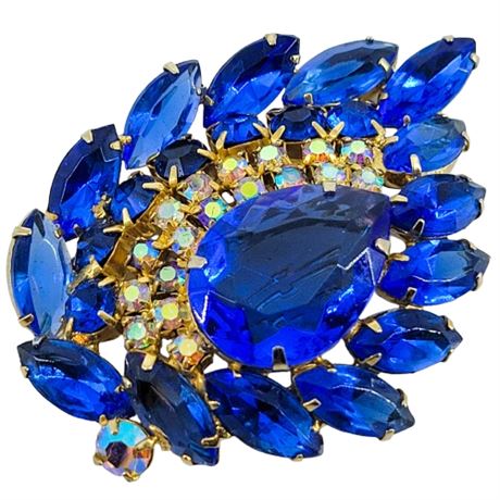 Vintage Blue Marquis Stone and Aurora Borealis Prong-Set Brooch