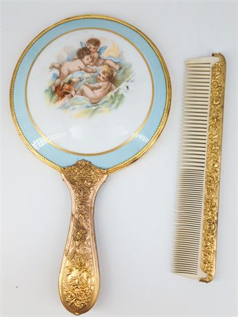 1800s Brass and Porcelain Vanity Set with Mirror and Comb, Sevres Style