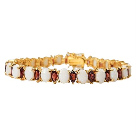 Vintage SETA Gold Tone Genuine Garnet & Opal Tennis Bracelet