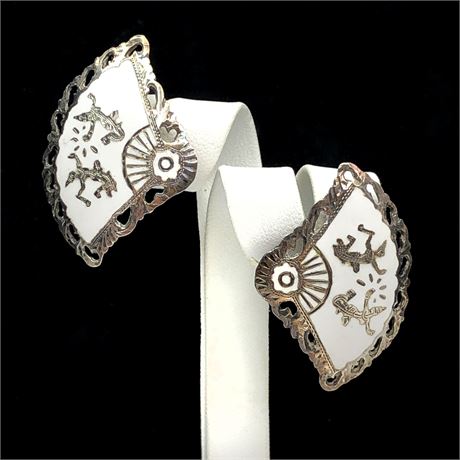 Vintage Siam Niello White Enamel Thai Goddess Sterling Silver Fan Earrings