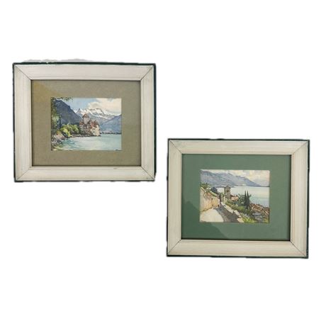 Pair of Swiss Framed Art Landscape Prints After Originals by Nicholas Markovitch
