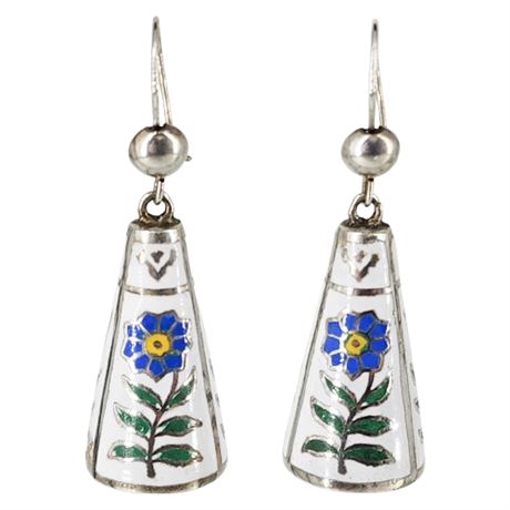 Vintage Siam Sterling Silver Enamel Floral Cone Earrings