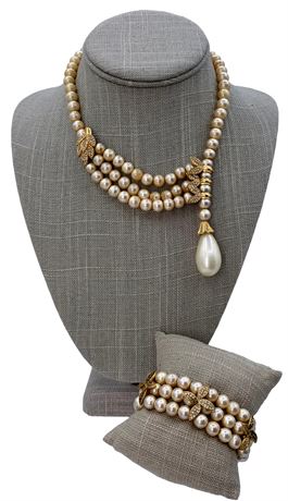 Regal Mid Century Faux Pearl Floral Rhinestone Draped Necklace & Bracelet