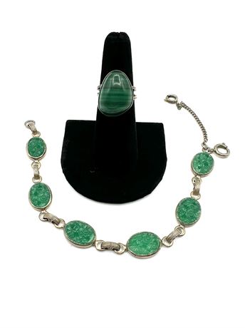 Malacite Silver Ring and Green Stone Bracelet
