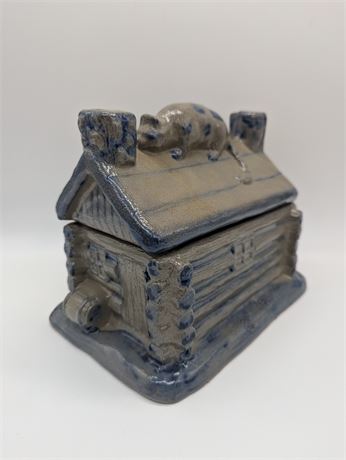 Vintage "Rowe Pottery Works" Log Cabin w/Cat Decorative Stoneware Candy Dish