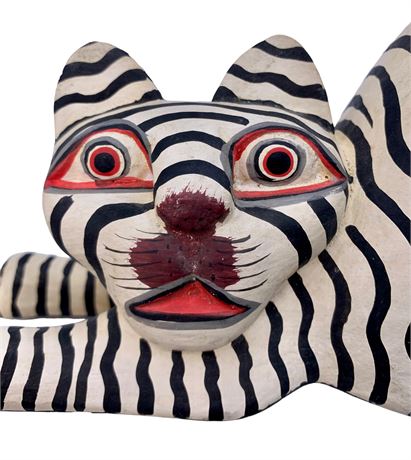 Balinese Carved Wood Striped Crouching Cat Sculpture