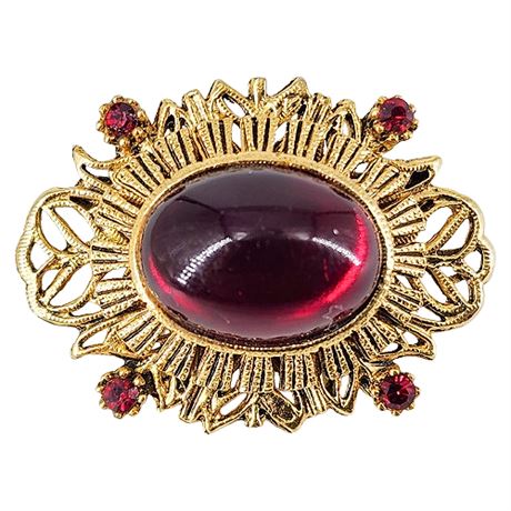 Vintage Red Rhinestone & Cabochon Brooch