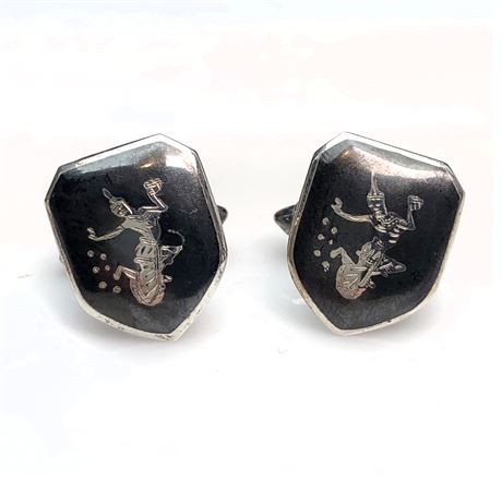 Vintage Siam Niello Enamel Thai Goddess Sterling Silver Cuff Links