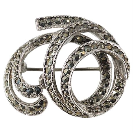 Vintage SPHINX Silver Tone Marcasite Swirl Brooch