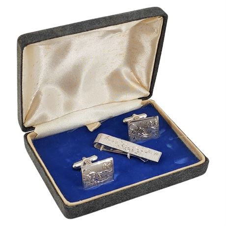 Vtg WELLS Sterling Silver Fish Cufflinks & Tie Clip Set in Original Box