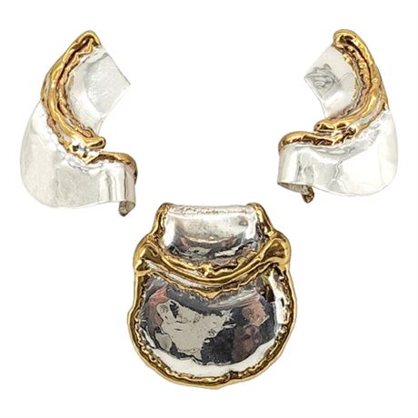 Vintage TOM McCAFFREY Two-Tone Brutalist Pendant & Earrings Set