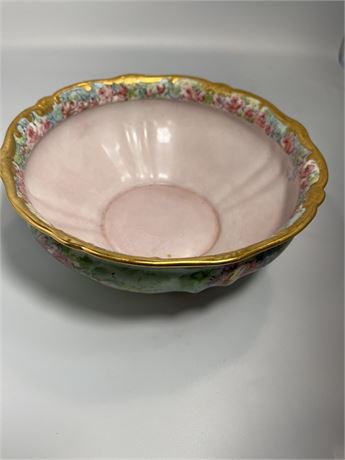 German hand-painted flowers and gold trim footed Signed large ruffled edge bowl