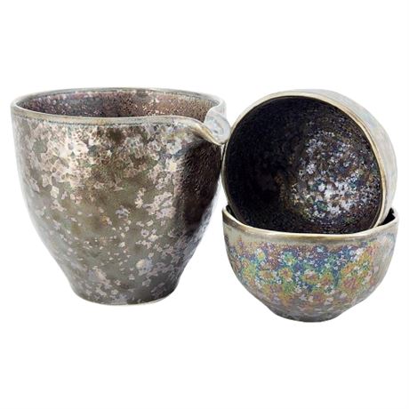 Japanese Iridescent Crystalline Glaze Stacking Ceramic Sake Set