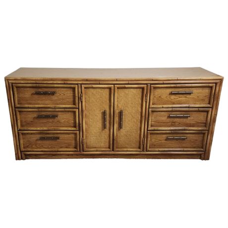 Vintage Lea Faux Bamboo Oak 9 Drawer Low Dresser
