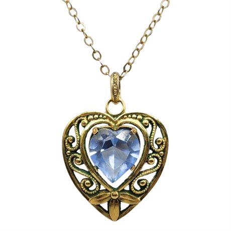 Vintage Faux Blue Topaz Heart Pendant Necklace