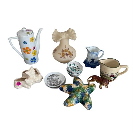 Fenton, MCM Coffee Pot, Hand Painted Items and More